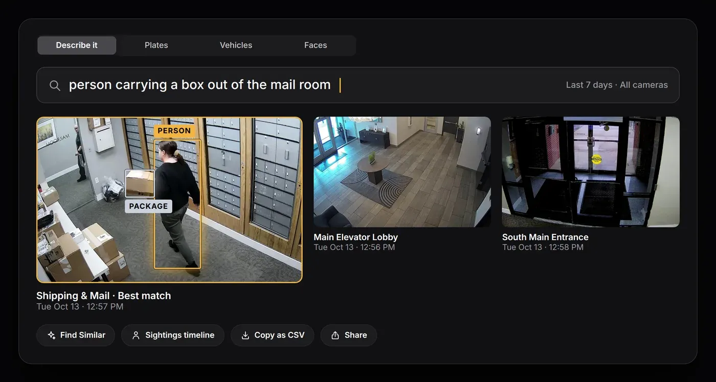 Natural-language search with matching camera clips