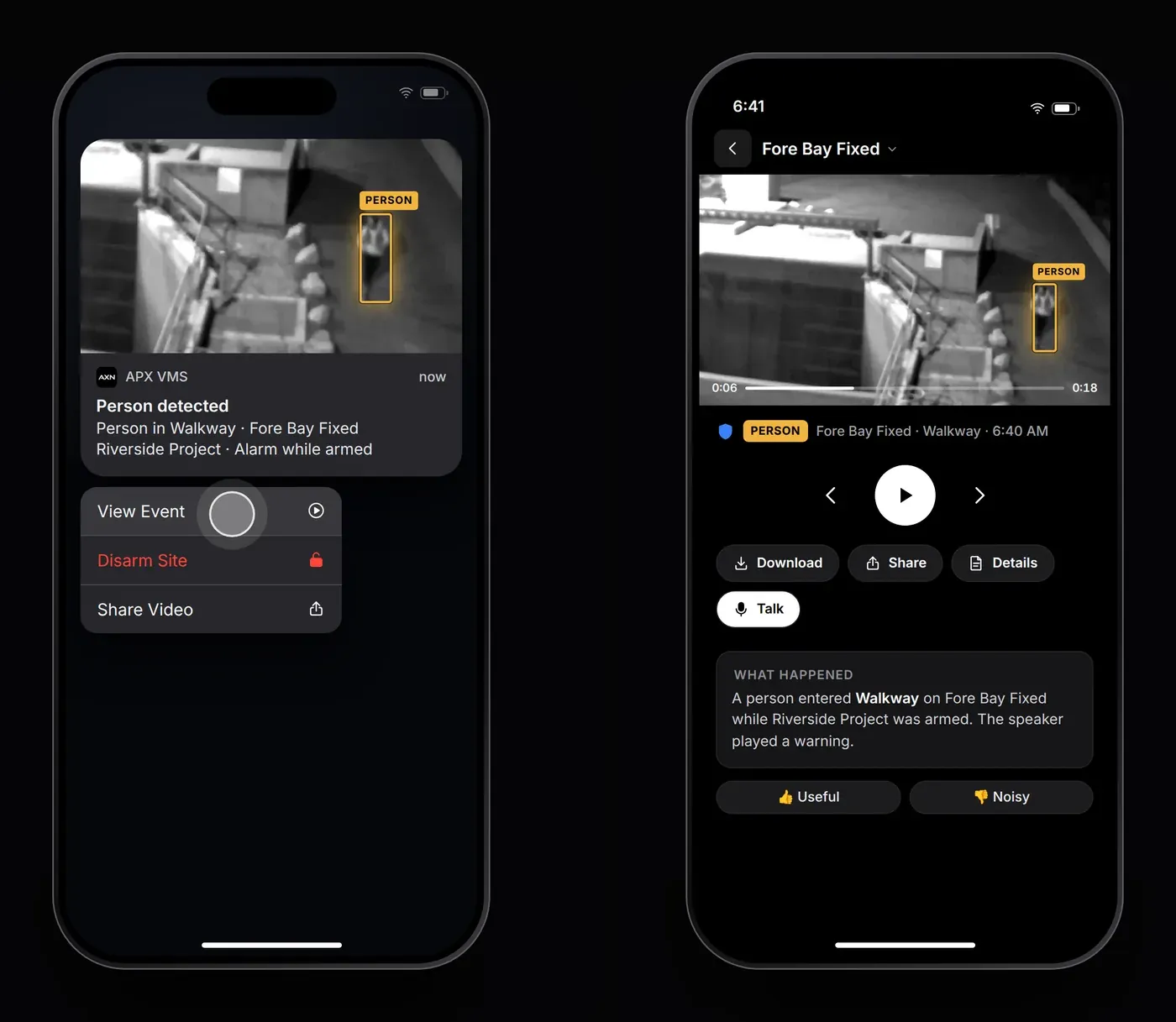 iPhone lock-screen alert with a snapshot, then the event clip