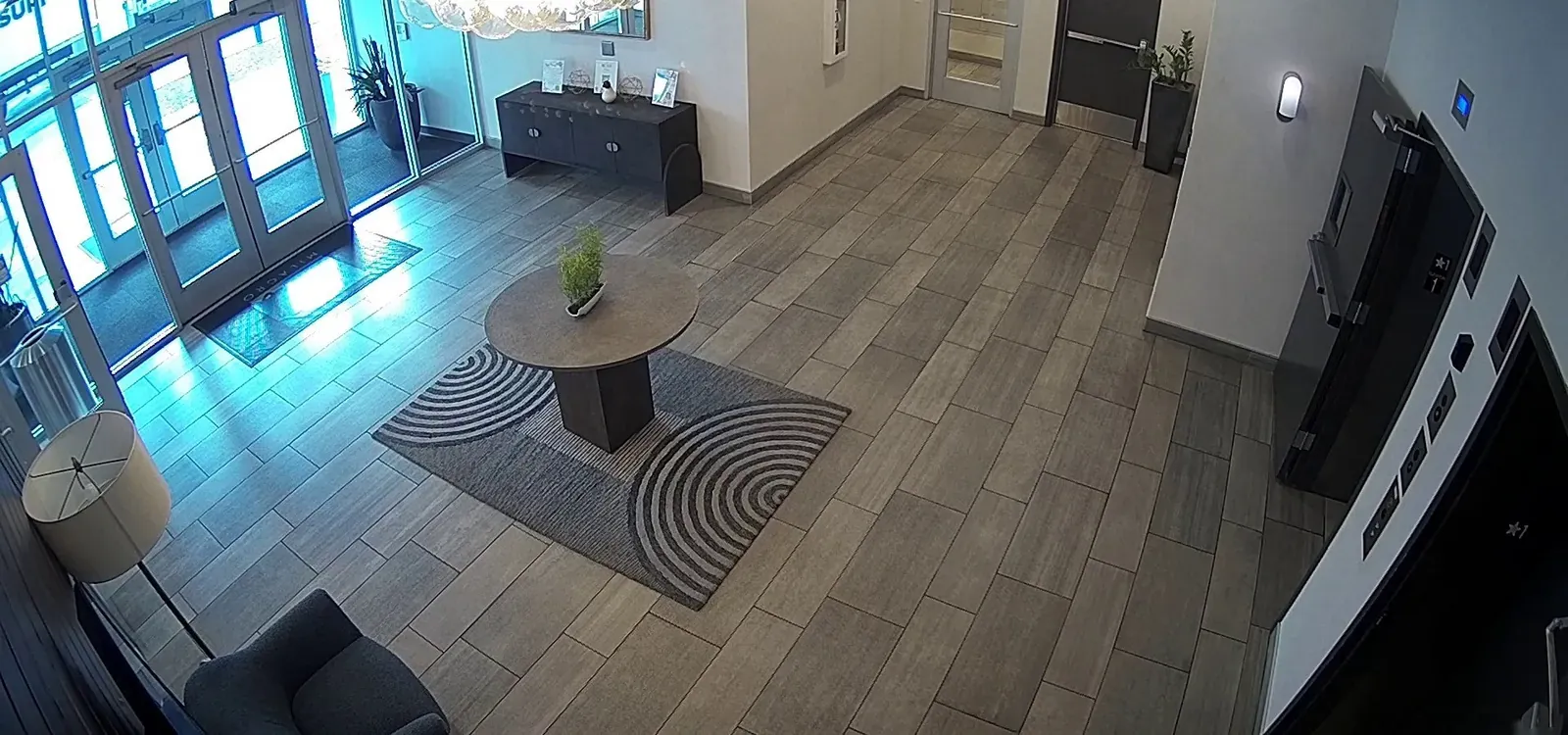 Camera view of an office building lobby