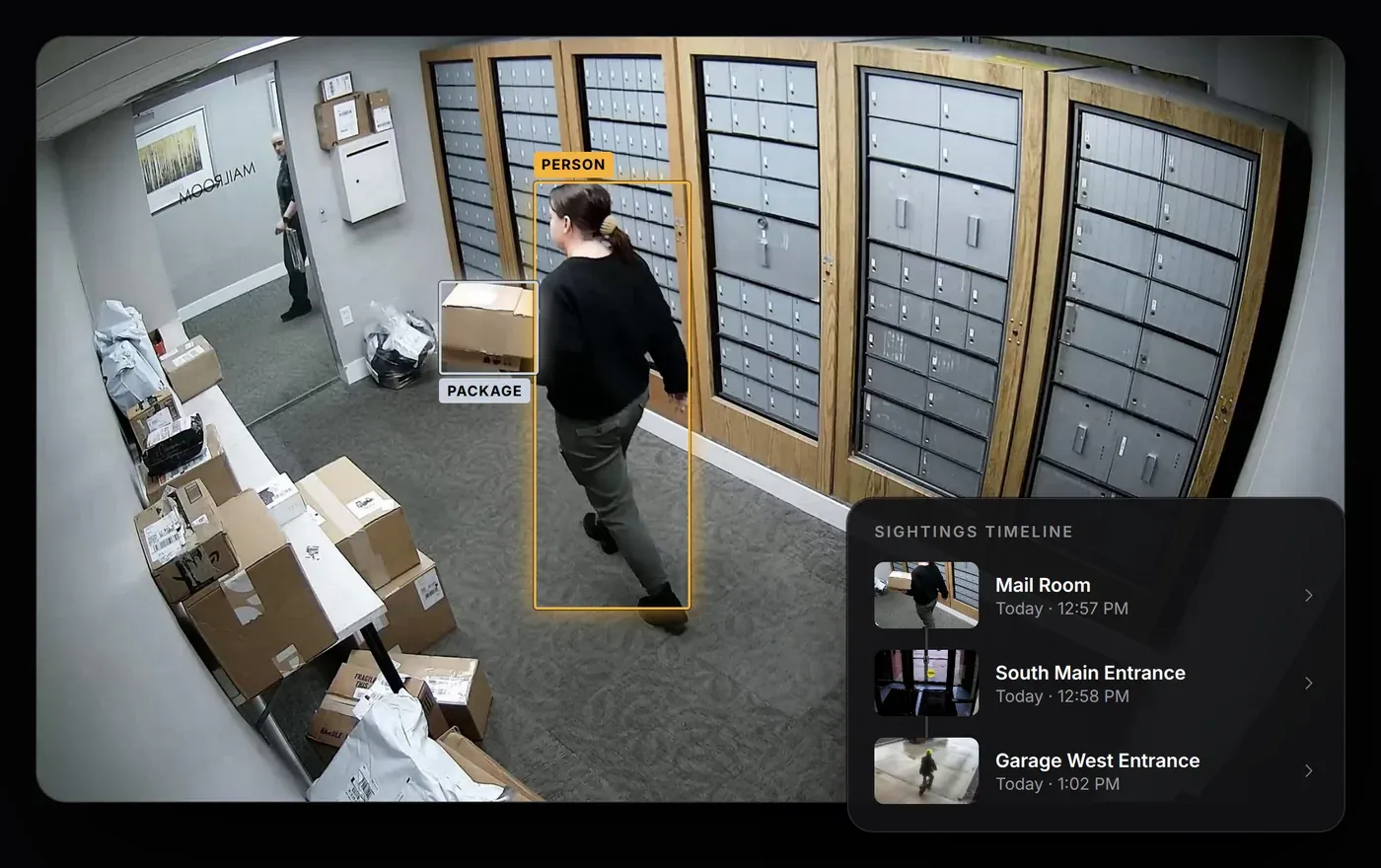 Mail room camera with a package detection and a sightings timeline