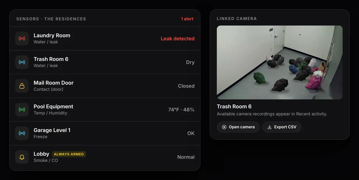 Sensor list with a leak alert and a linked camera