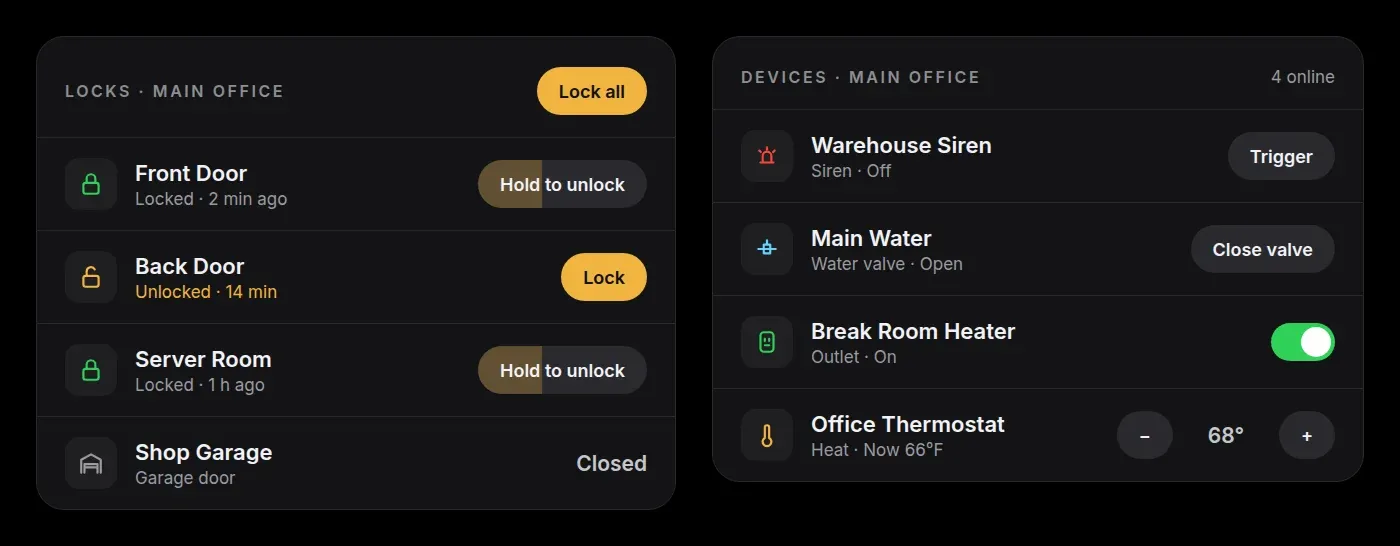Lock list with Hold to unlock buttons, and a siren, water valve, outlet and thermostat